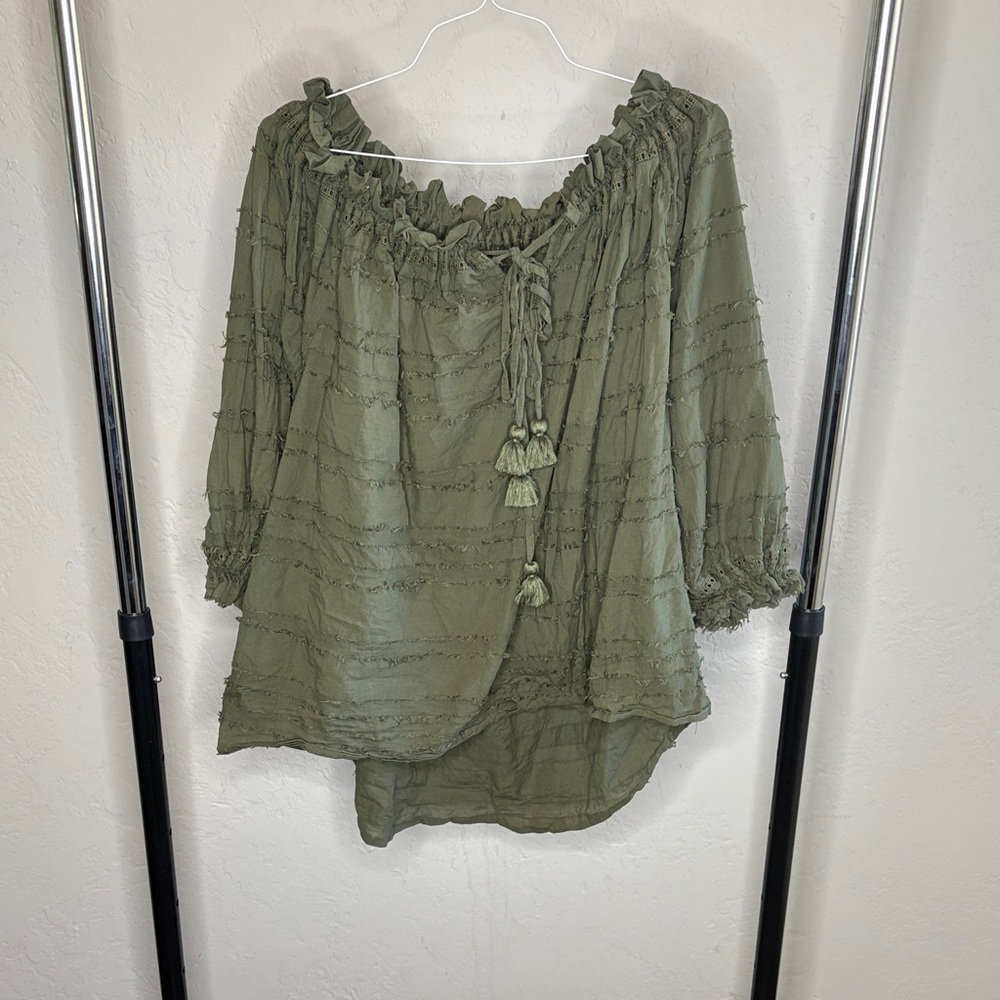 ANDREA FENZI Olive Green Ruffle Blouse